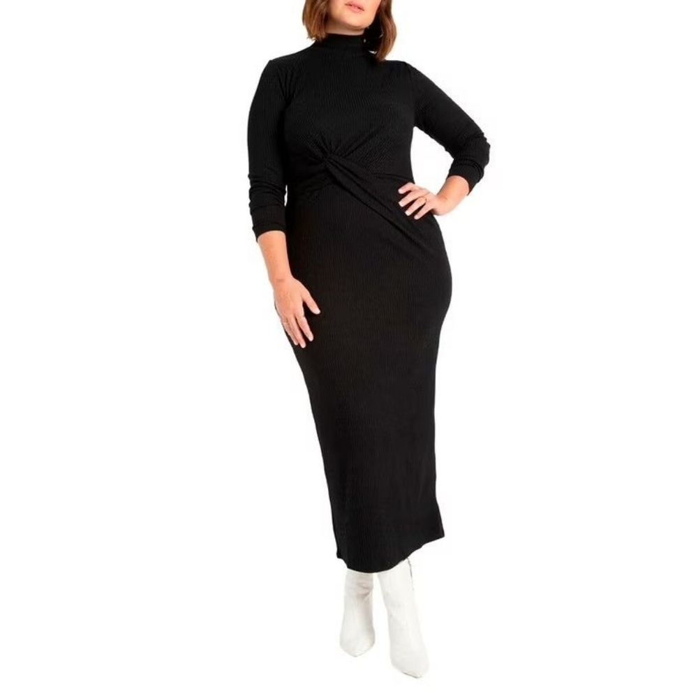 New-Twist detail ribbed black dress-Size 18-New!